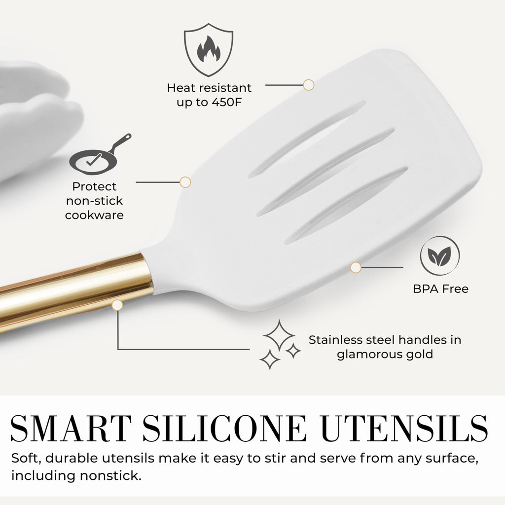 Styled Settings White and Gold Kitchen Utensils Set - 15-Piece Non-Scratch, White and Gold Utensils Set Includes White Silicone Cooking Uten - Image 2