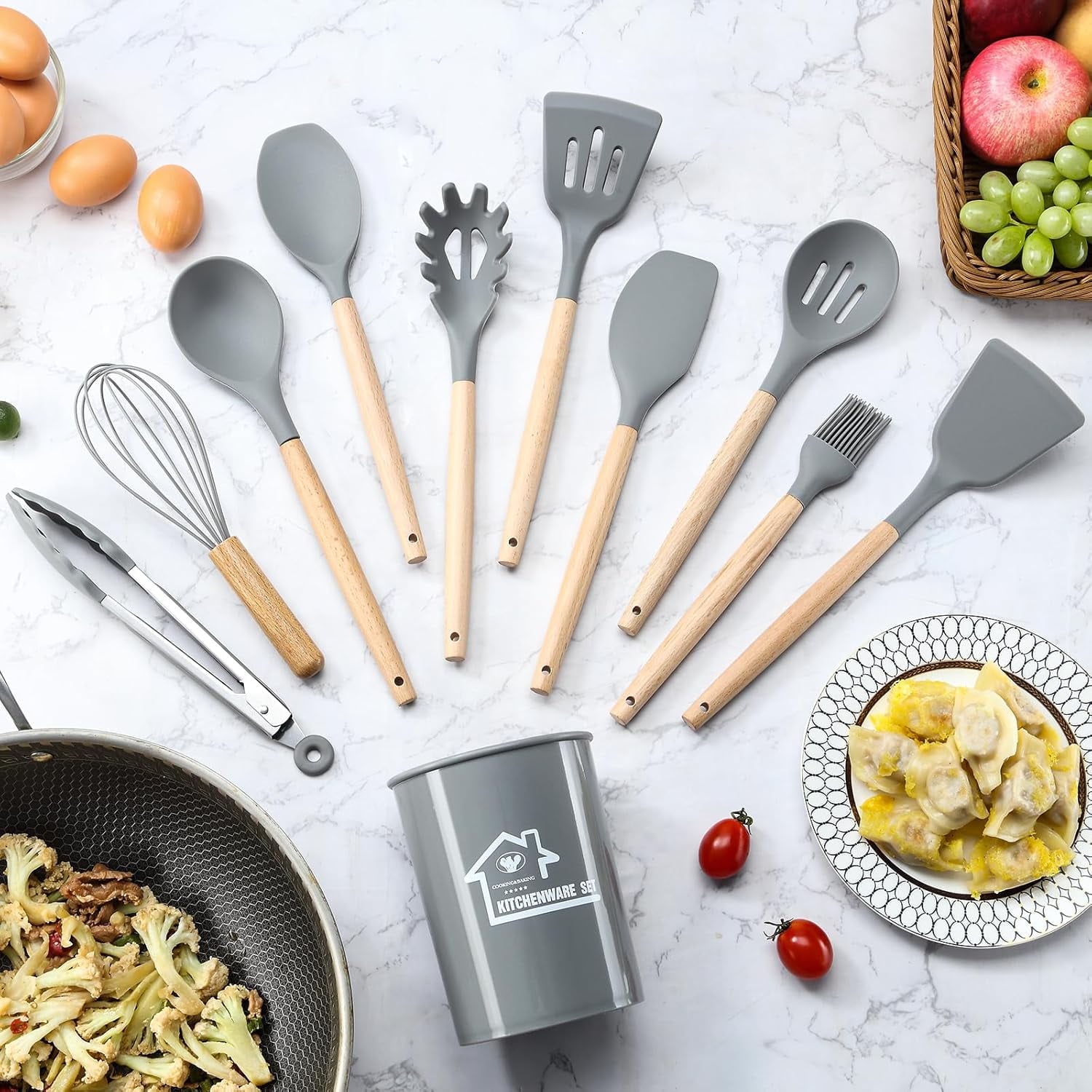 Utensils Set, Non-Stick Silicone Cooking Kitchen Utensils Spatula Set with Holder, Wooden Handle Silicone Kitchen Gad... - Image 3
