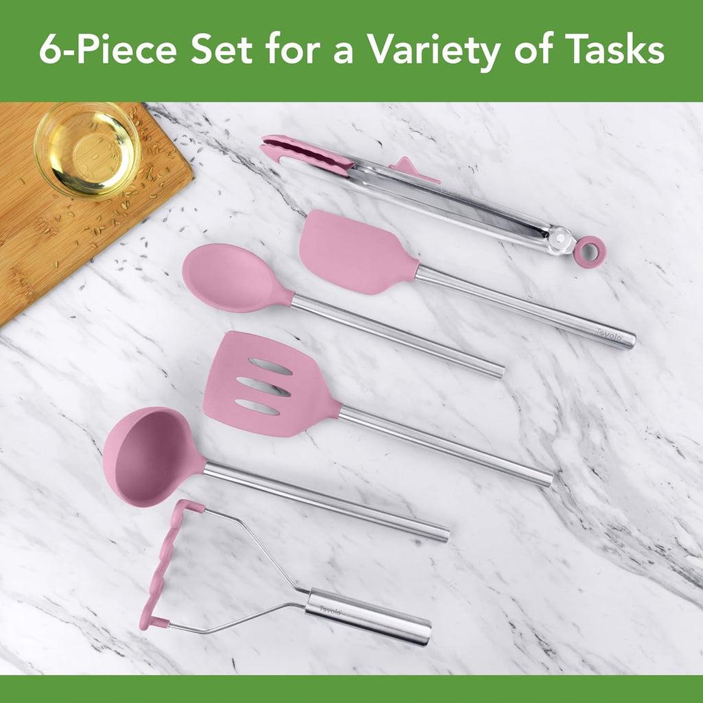Tovolo Silicone Cooking Utensil Set of 6 Pink Sorbet Ladle Slotted Turner Tongs Flex Core Spatula Scraper Mixing Spoon and Potato Masher, Di - Image 4