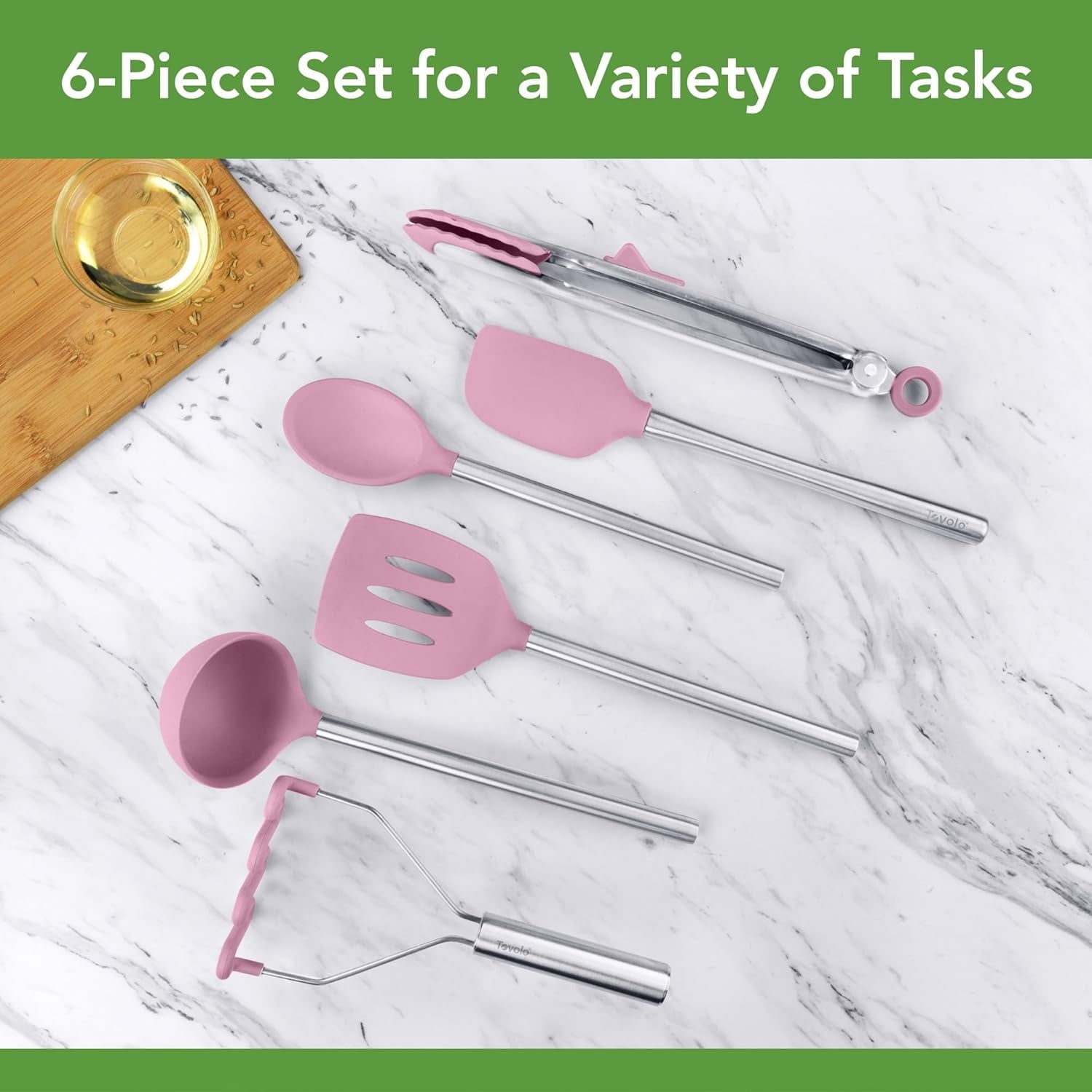 Tovolo Silicone Cooking Utensil Set of 6 Pink Sorbet Ladle Slotted Turner Tongs Flex Core Spatula Scraper Mixing Spoon and Potato Masher, Di - Image 4