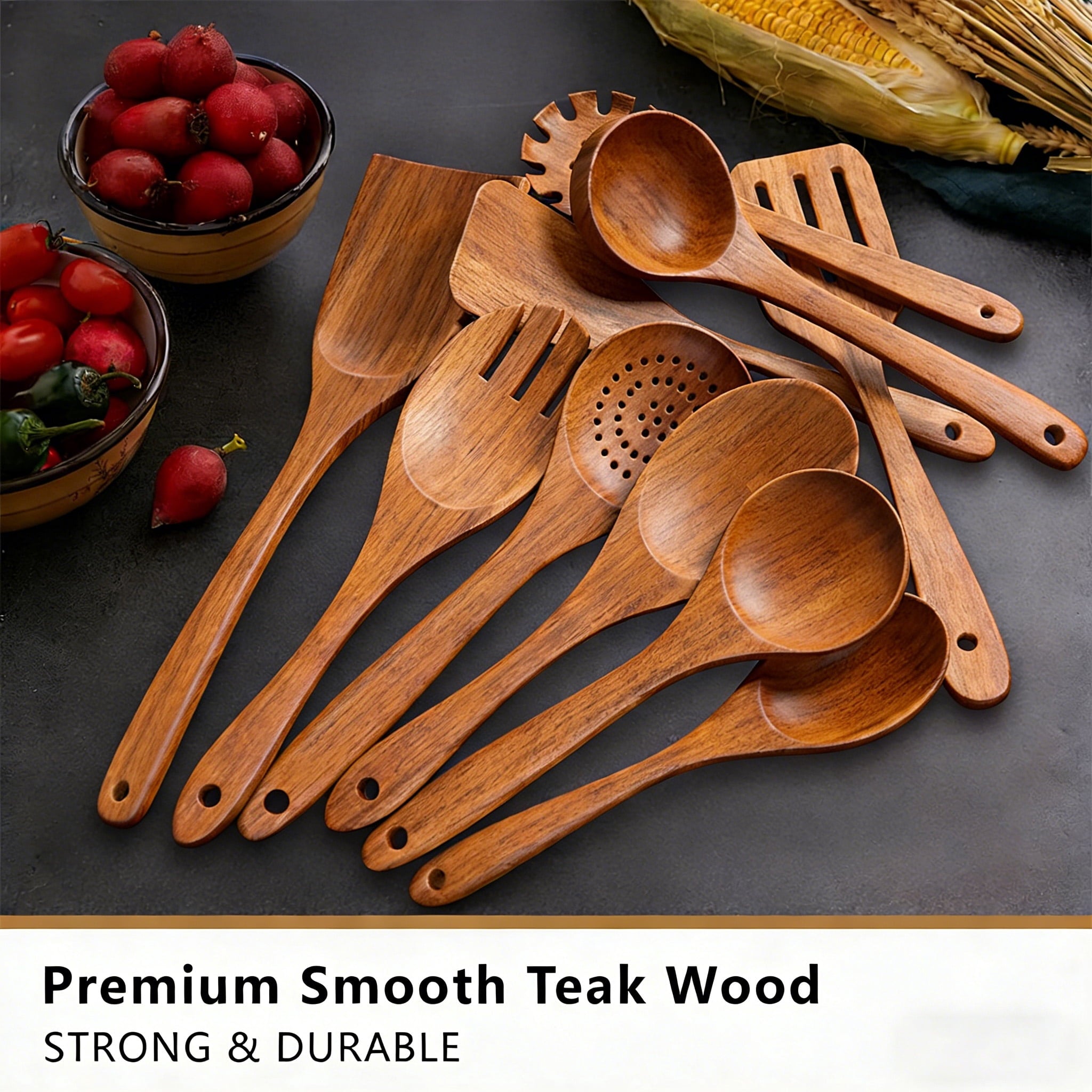 GPED Wooden Spoons for Cooking, 10 PCS Teak Wood Cooking Utensil Set, Wooden Kitchen Utensils for Nonstick Pans & Cookware, Spoons and Spatu - Image 5