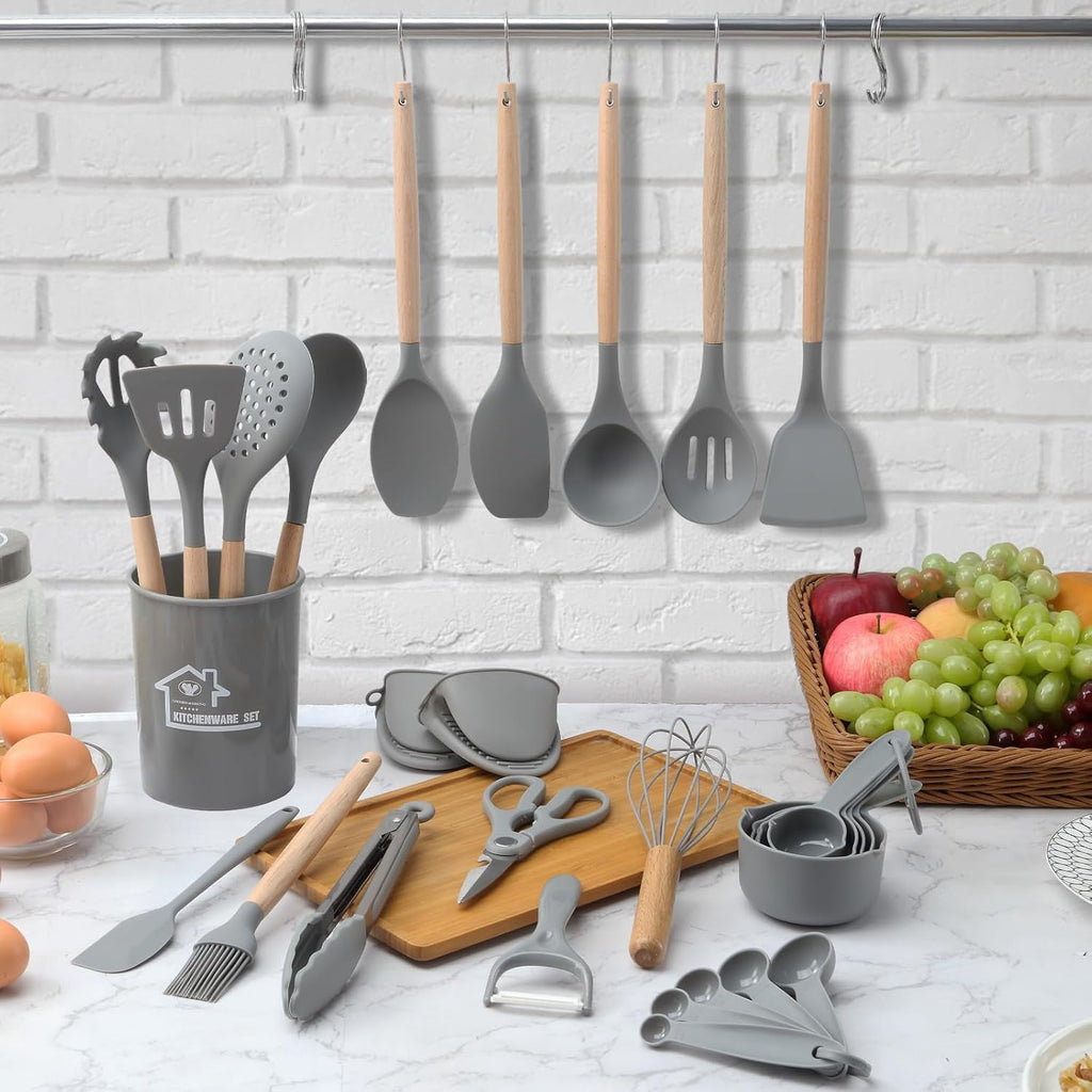 Utensils Set, Non-Stick Silicone Cooking Kitchen Utensils Spatula Set with Holder, Wooden Handle Silicone Kitchen Gad... - Image 5