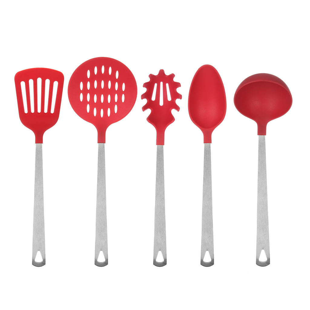 Mainstays Stainless Steel and Nylon Kitchen and Cooking Utensil Set, Spoon, Spatula, Ladle, Pasta Spoon and Skimmer Assorted Colors - Image 6