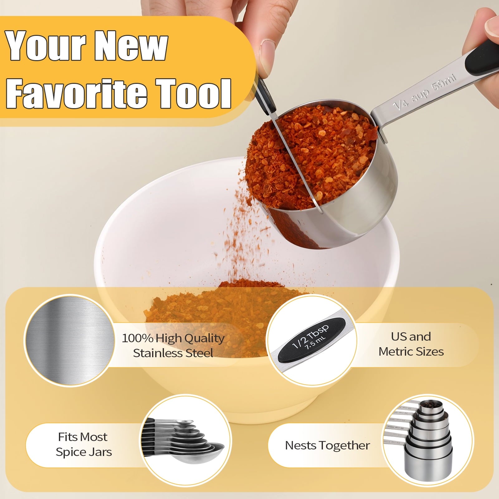17 Pieces Measuring Cups and Magnetic Measuring Spoons Set Stainless Steel, 8 Measure Cups with Silicone Handle and 8... - Image 4