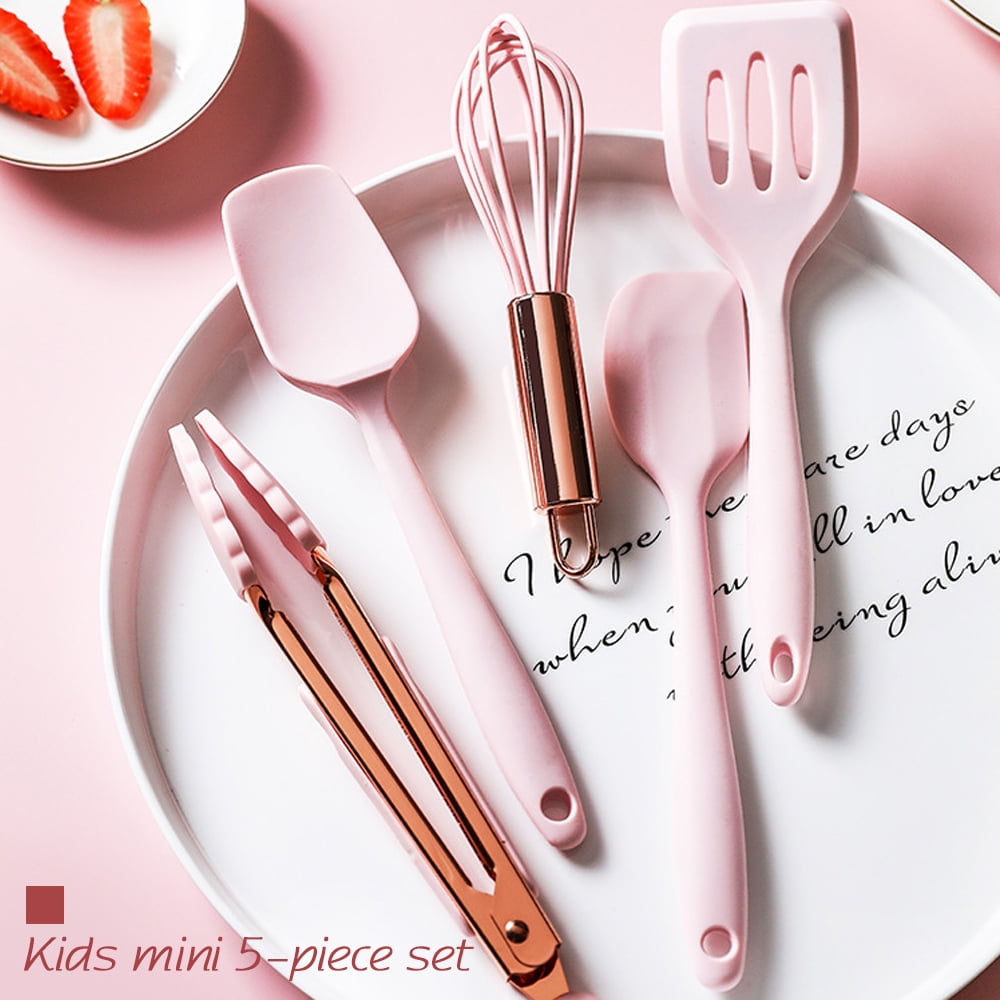 Rose Gold And Pink Kitchen Utensil Small Five-Piece Set Mini Silicone Kids Kitchen Tools Whisk Spatula Tongs Spoon An... - Image 2