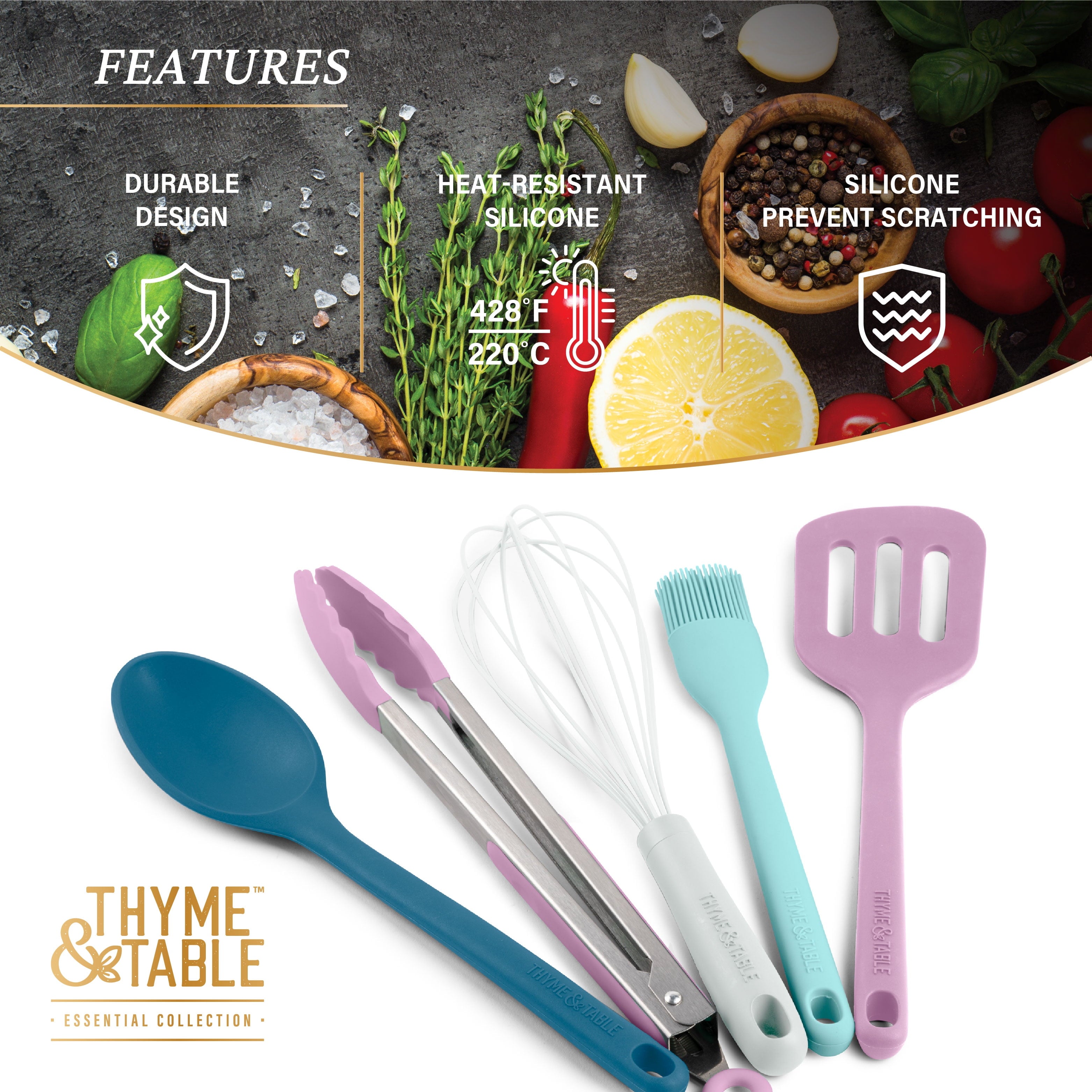 Silicone Utensils, 5-Piece Set, Tongs, Basting Brush, Spatula, Turner, Spoon - Image 5