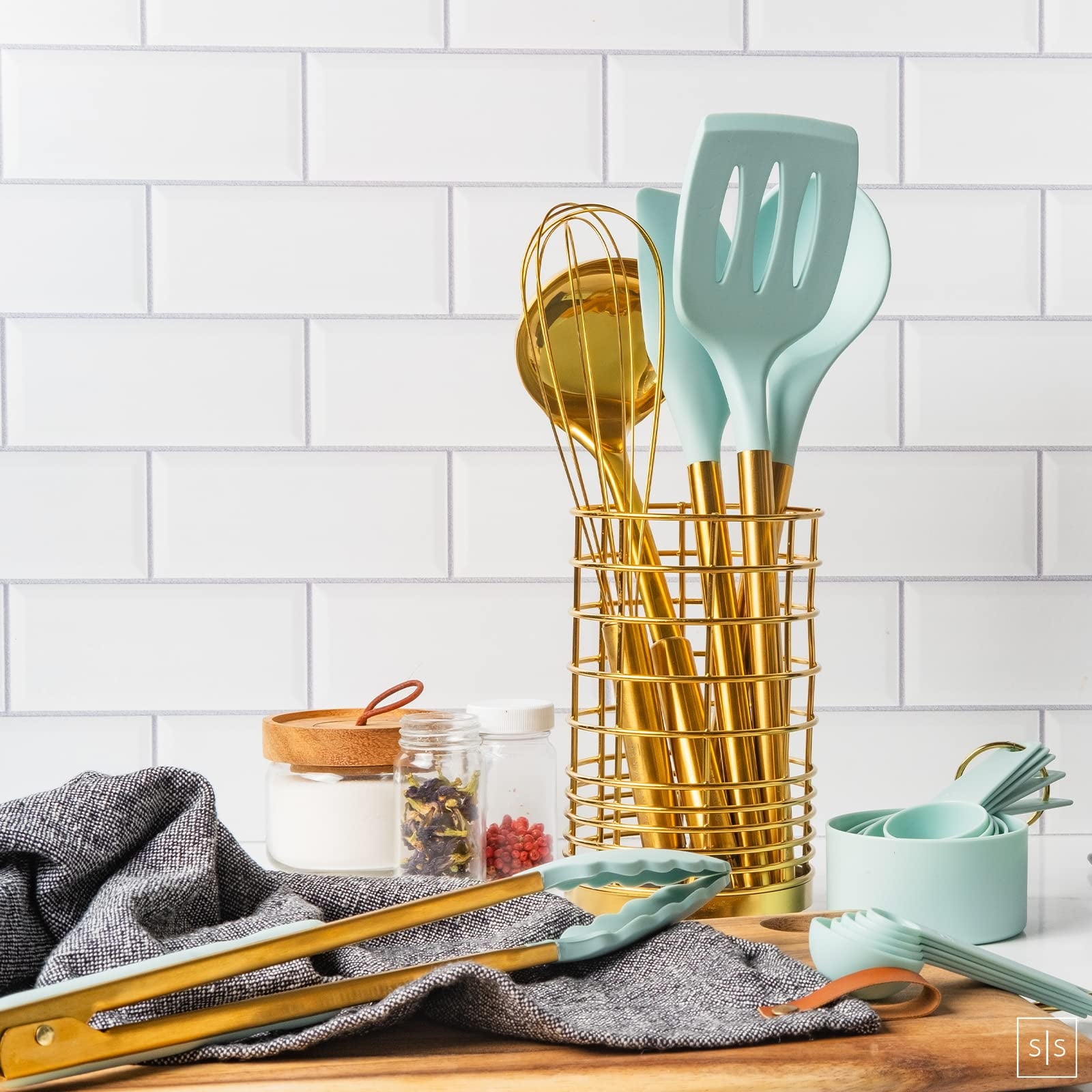 Teal & Gold Silicone Cooking Utensils Set with Holder - Image 5