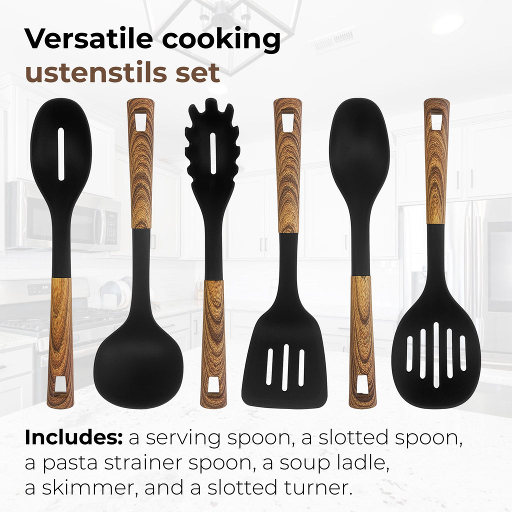 6 Pcs Kitchen Utensils Set, Heat Resistant Nylon Cooking Spoons Set for Nonstick Cookware with Wooden Coated Handles - Image 4