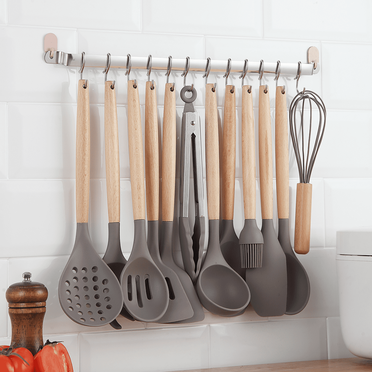 Silicone Kitchen Utensils Set 38 Pieces, Non-Stick Cooking Utensils Set with Muti-Use Hooks and Utensil Racks(Gray) - Image 4