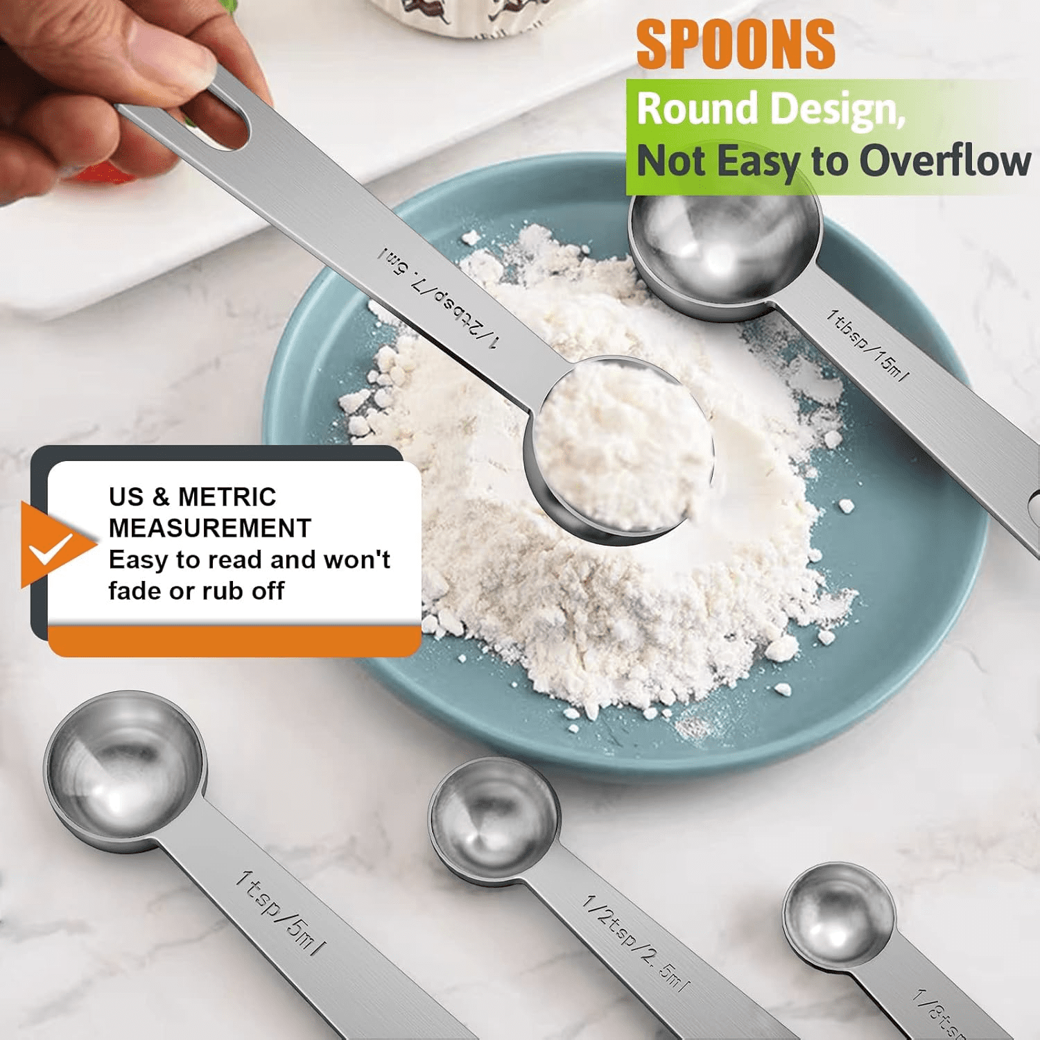 Measuring Cups and Spoons Set of 16, 5 Stainless Steel Nesting Measuring Cups & 5 Spoons, 1 + Leveler & 5 Mini Measuring Spoons for Cooking - Image 3