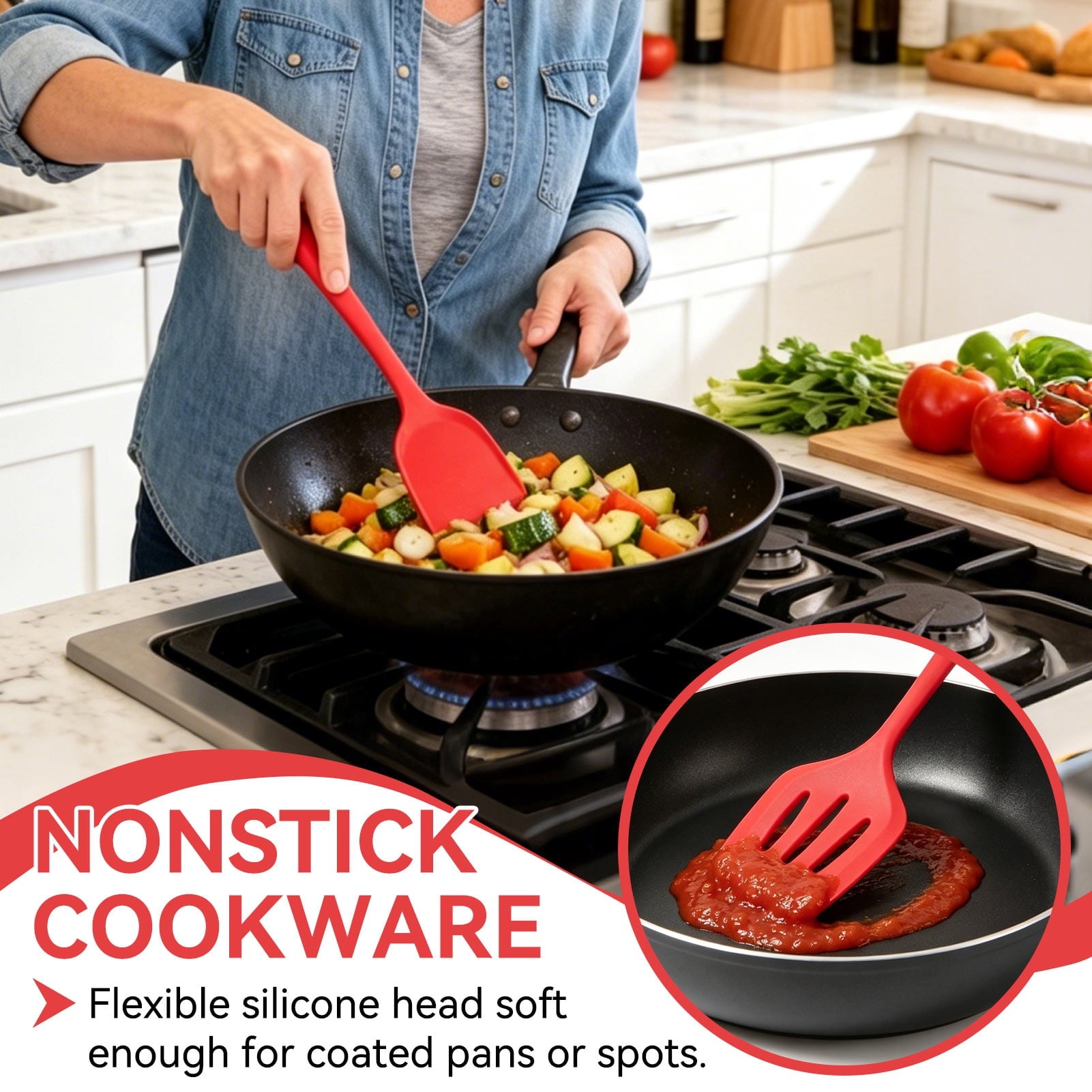 8 Piece Silicone Cooking Utensils Set, Red Kitchen Utensils with Spatula,Turner, Slotted Spoon, Pasta Server, Soup La... - Image 3