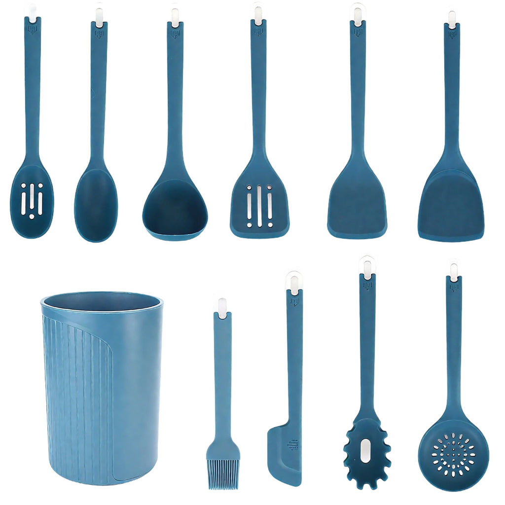 11-Piece Set Silicone Cooking Utensils, Blue Kitchen Utensil Set, Heat Resistant, Include Spatulas Spoons and Holder,...