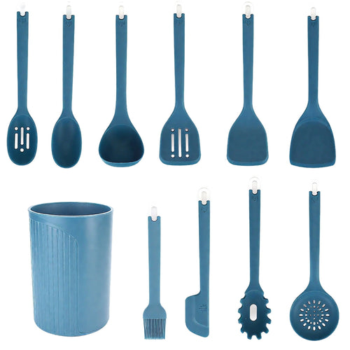 11-Piece Set Silicone Cooking Utensils, Blue Kitchen Utensil Set, Heat Resistant, Include Spatulas Spoons and Holder,...