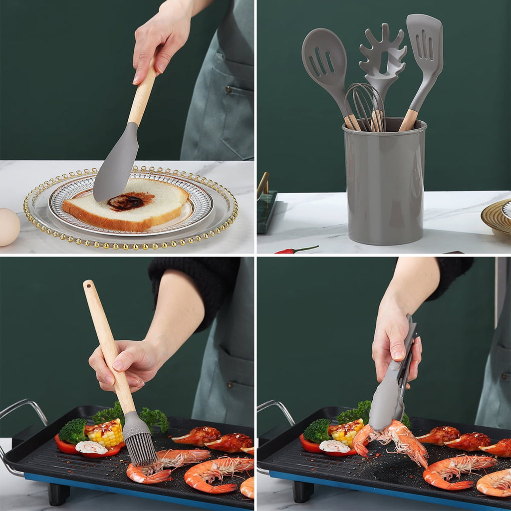 Silicone Kitchen Utensils Set 38 Pieces, Non-Stick Cooking Utensils Set with Muti-Use Hooks and Utensil Racks(Gray) - Image 6