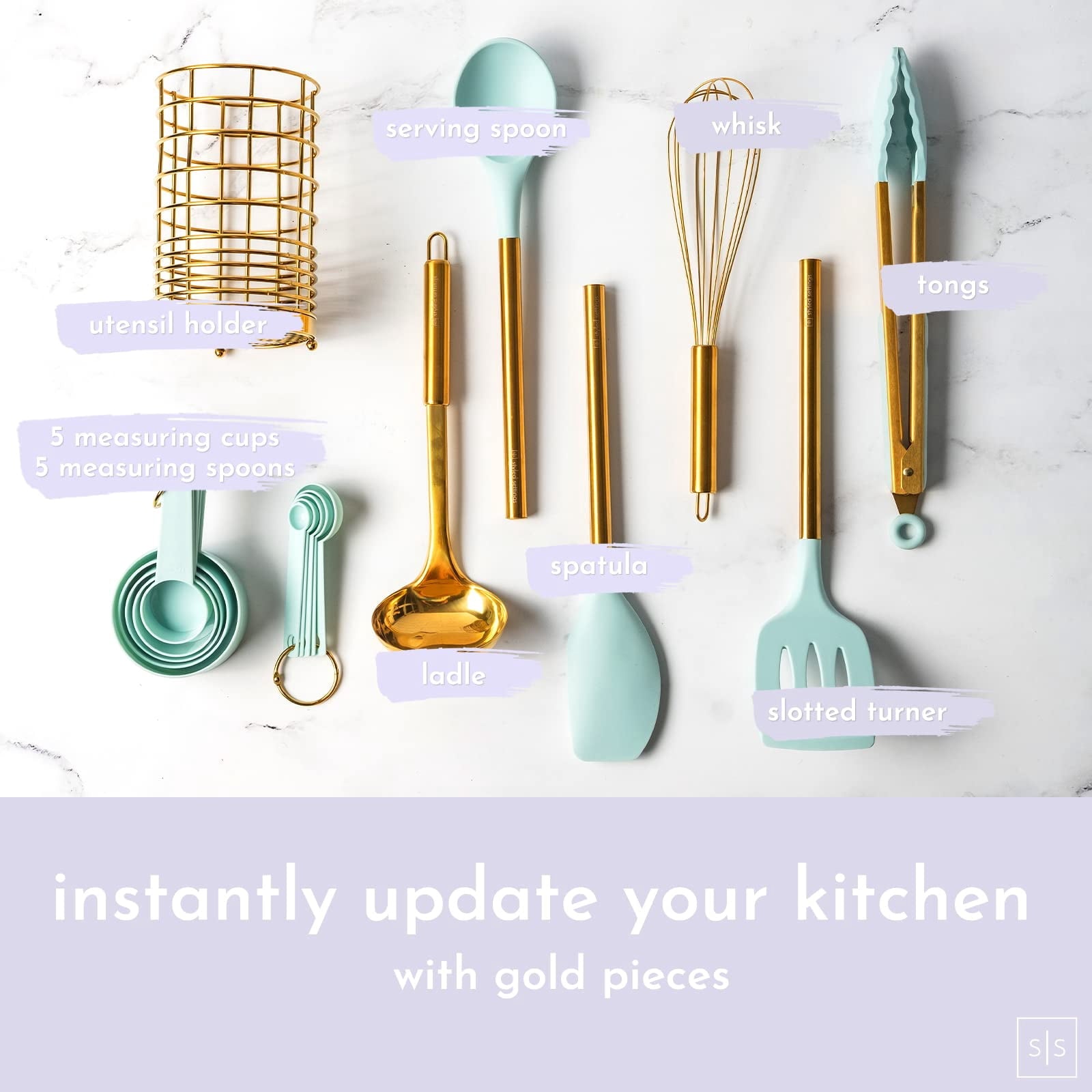 Teal & Gold Silicone Cooking Utensils Set with Holder - Image 2