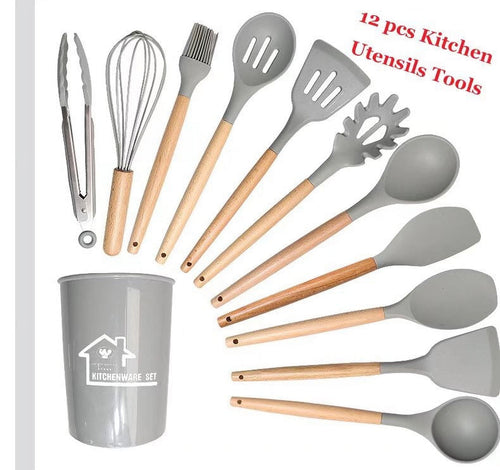 12 Pcs Kitchen Utensils Cooking Spatulas Nonstick Heat Resistant Silicone Kitchen Cookware Set(light grey)