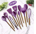 12 Pcs Silicone Cooking Utensil Set Wooden Handle Cooking Tools BPA Free Kitchen Gadgets with Holder(purple)