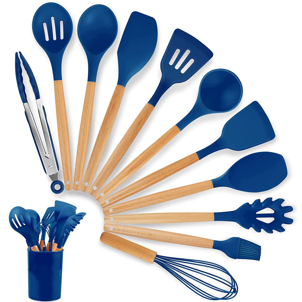 12 Pcs Silicone Cooking Utensils,Wooden Kitchen Utensil Set, Kitchen Household Products,Dark blue