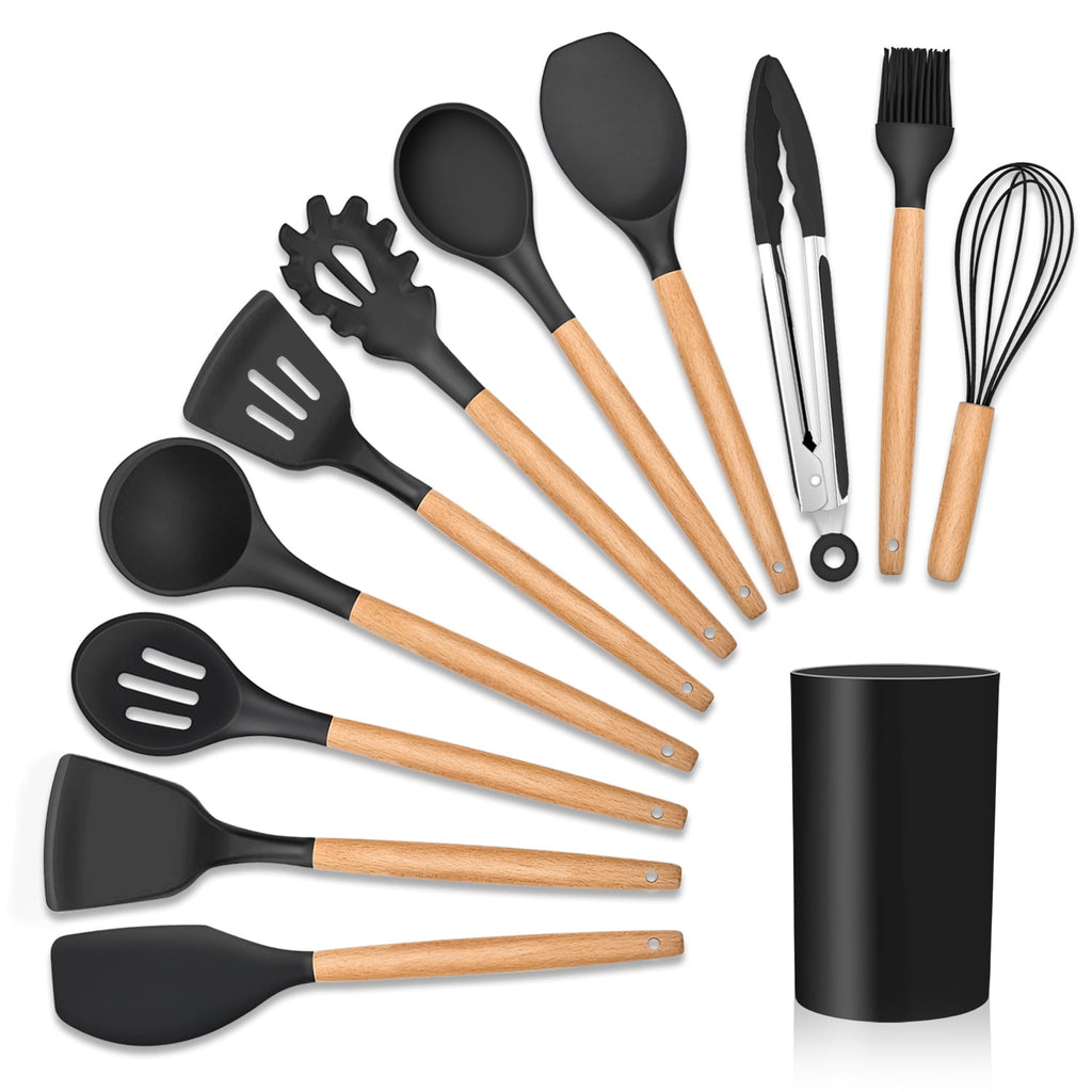 12-Piece Silicone Kitchen Cooking Utensils Set with Holder, Wooden Handle Utensils for Cooking, Kitchen Tools Include...