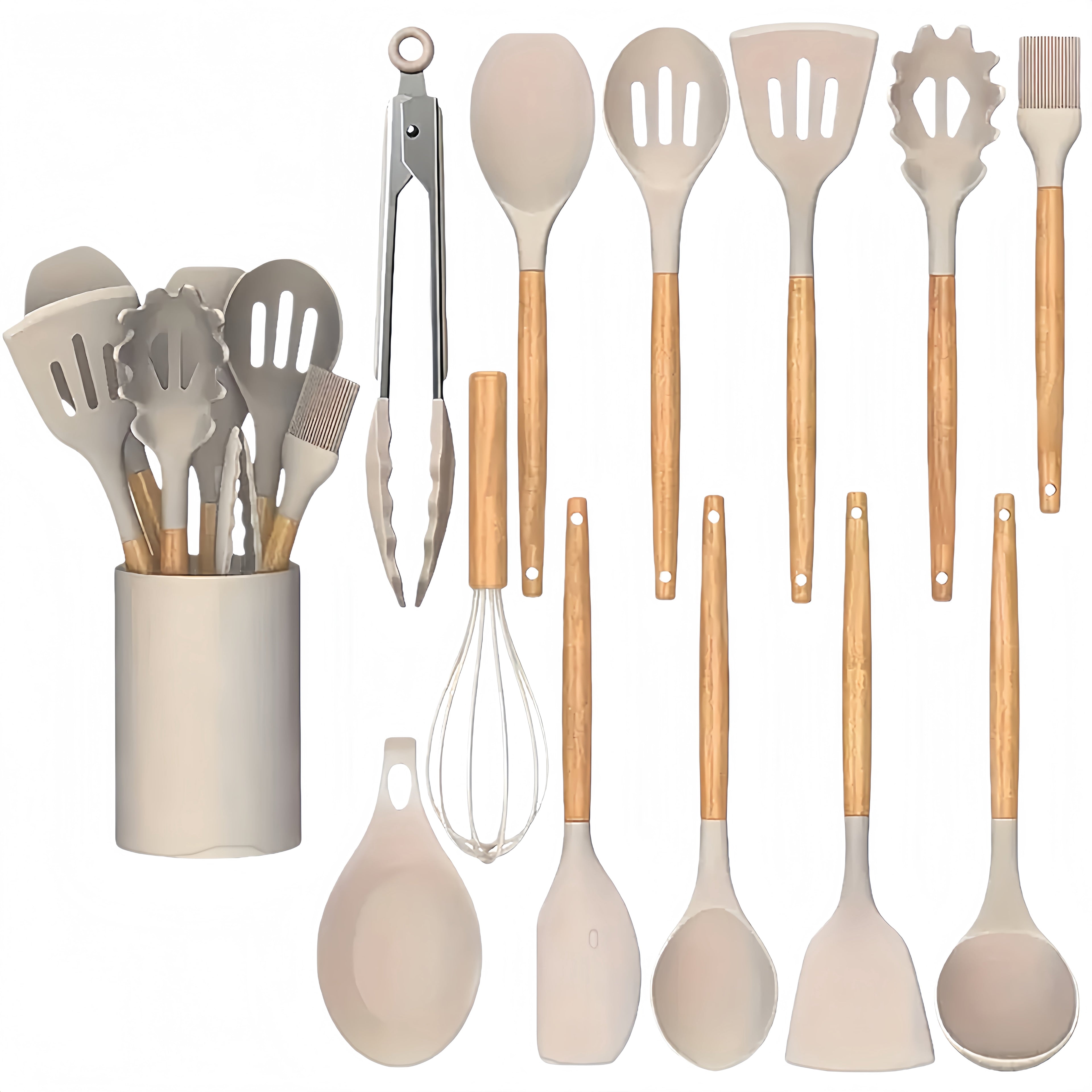 12-Piece Silicone Kitchenware Set - High-Temperature Heat-Resistant Kitchen Utensils, Safe Cooking Tools, with Wooden Handles, Dishwasher-Sa