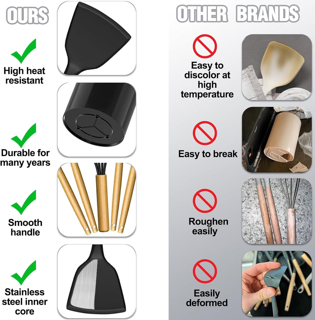 Kitchen Utensil Set, AOKIWO 34Pieces Silicone Cooking Utensil Set with Wooden Handle, Heat Resistant Spatula Set Gadgets Tools Cookware, Bla - Image 2
