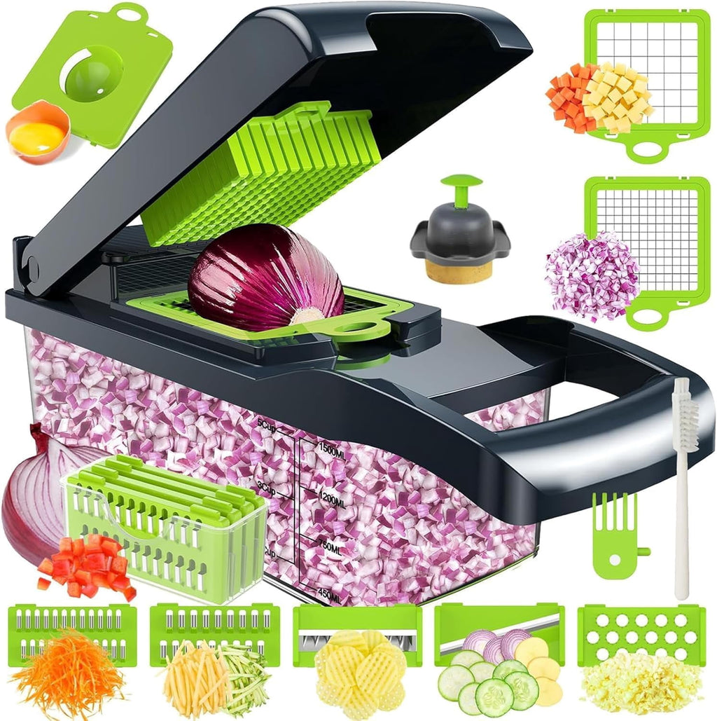 13-in-1 & Slicer - Multifunctional Onion with 8 Blades, Colander Basket & Container | Mini & Mandolin Slicer with Fin...