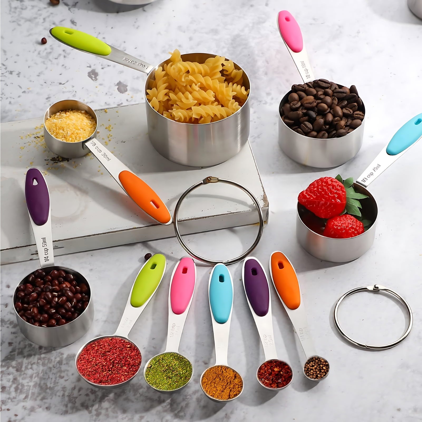Measuring Cups and Spoons Set of 15, Kitchen Measuring Tool with Colored Silicone Handle, Including 5 Nesting Measuri... - Image 5