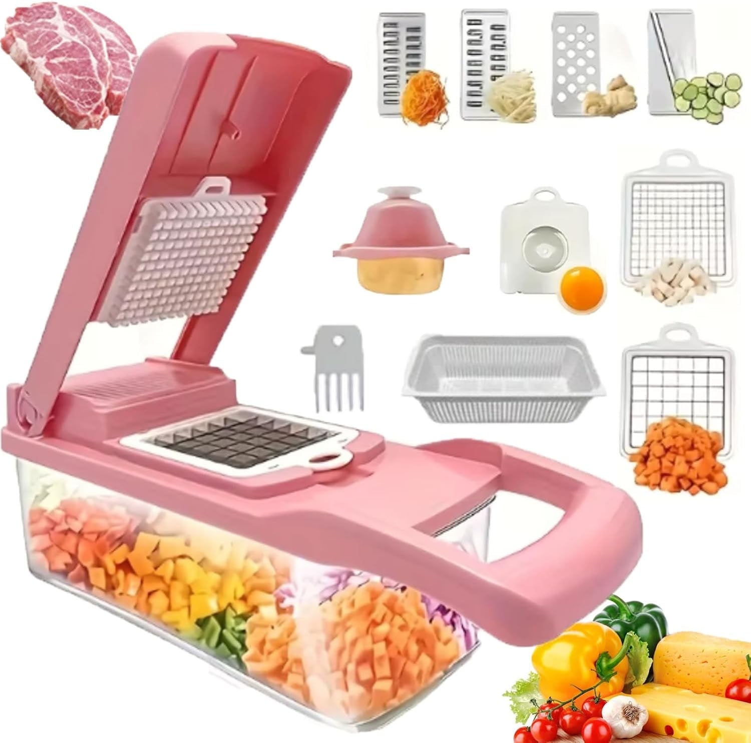 14 Pcs Multi-Functional Vegetable Cutter & Slicer, Stainless Steel Food Chopper with Blades, Kitchen Gadgets & Accessories-Pink
