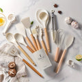 14pcs/set, Silicone Utensil Set, White Kitchen Utensil Set, Safety Cooking Utensils With Storage Bucket, Non-Stick Cooking Utensils With Woo