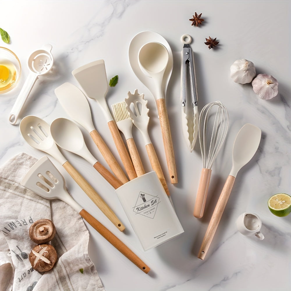 14pcs/set, Silicone Utensil Set, White Kitchen Utensil Set, Safety Cooking Utensils With Storage Bucket, Non-Stick Cooking Utensils With Woo