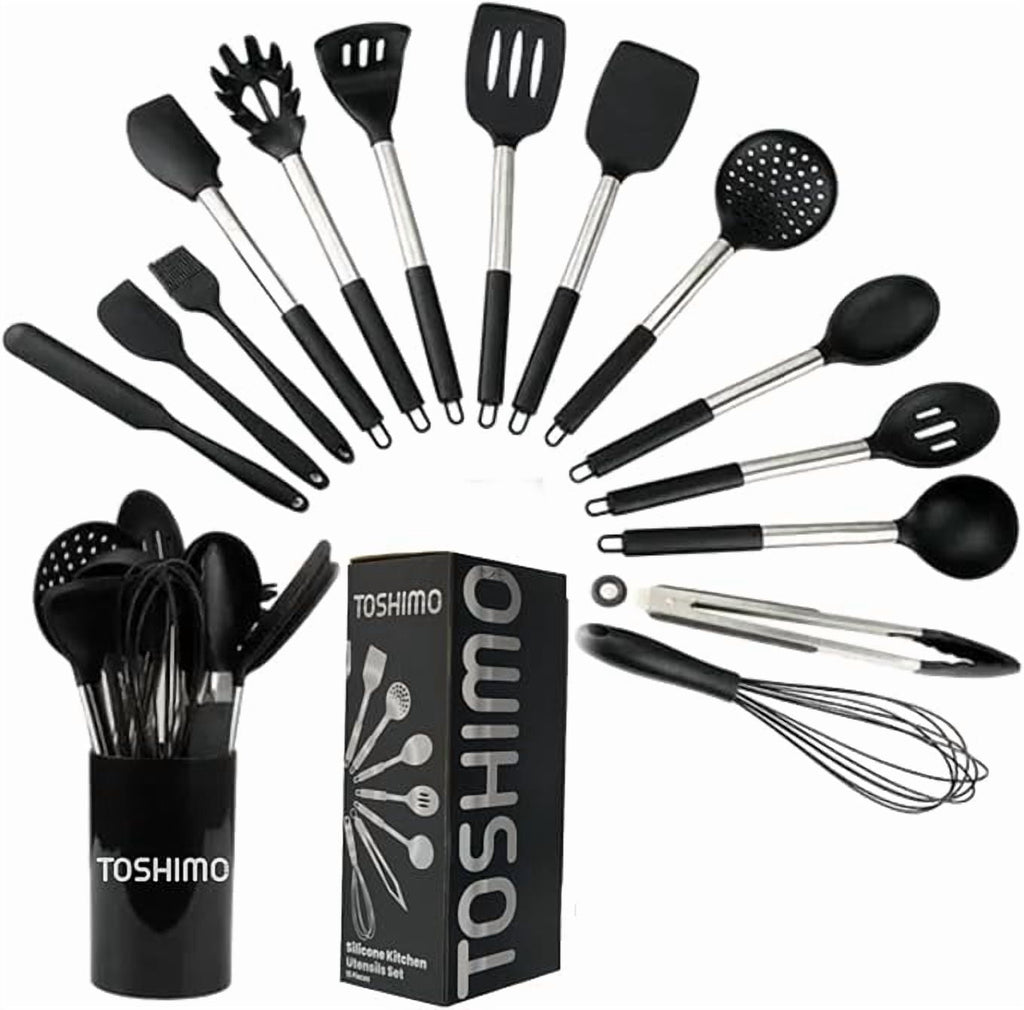 15 Pieces Silicone Kitchen Utensil Set with Holder | Non Slip Stainless Steel Cooking Tool |Spatulas, Spoon, Ladle, P...