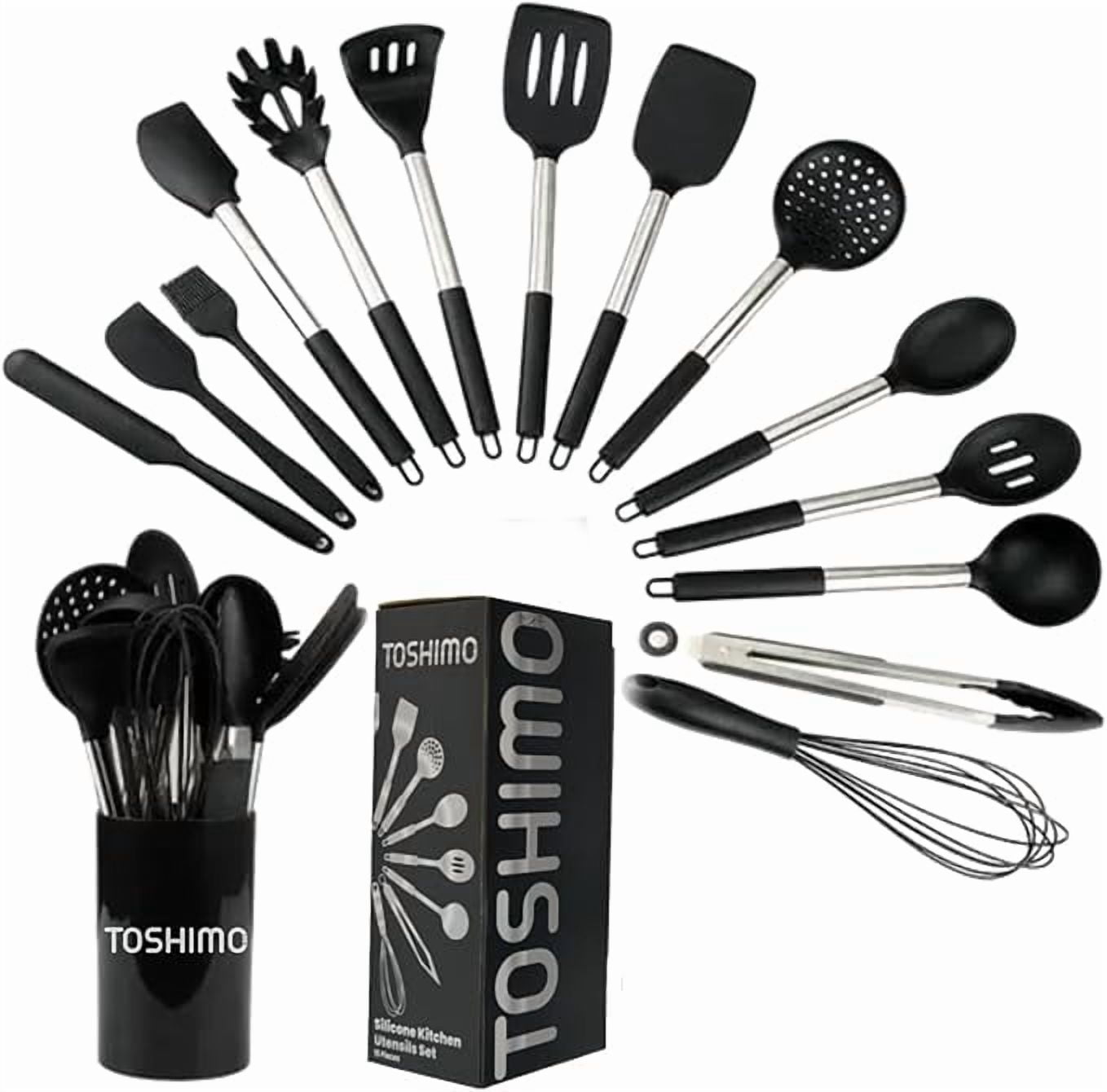 15 Pieces Silicone Kitchen Utensil Set with Holder | Non Slip Stainless Steel Cooking Tool |Spatulas, Spoon, Ladle, P...