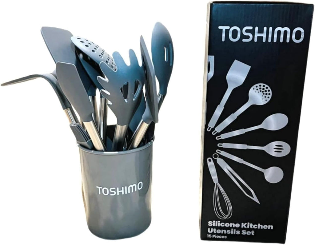 15 Pieces Silicone Kitchen Utensil Set with Holder | Non Slip Stainless Steel Cooking Tool |Spatulas, Spoon, Ladle, Pasta Server, Turner, To