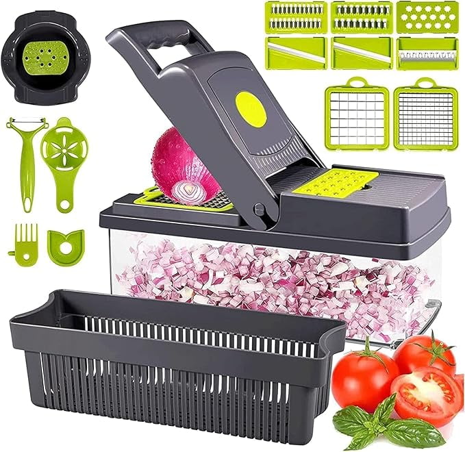15-in-1 Multipurpose Vegetable Chopper, Cutter, Mandoline Slicer & Dicer with 8 Steel Blades - Fruit Vegetable Chopper with 1.2L Tray, Anti-