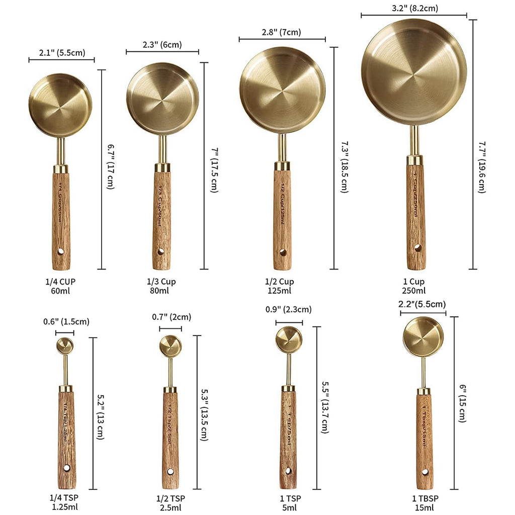 8Pcs Measure Cup and Spoon Set Gold Measuring Cup Spoon Set with Wooden Handle Stainless Steel Stackable Kitchen and Baking Measurement Kitc - Image 2