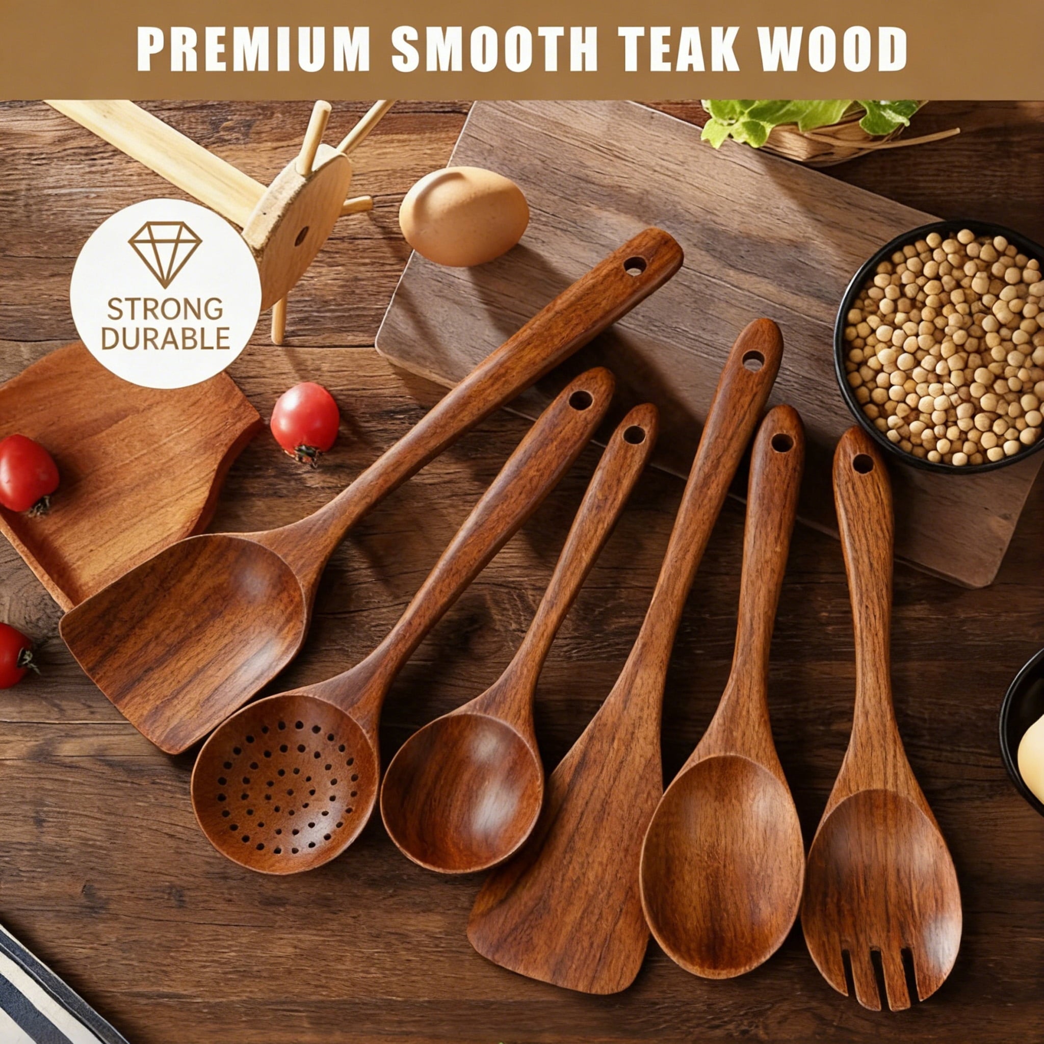 GPED Wooden Spoons for Cooking, 6 PCS Teak Wood Cooking Utensil Set, Wooden Kitchen Utensils for Nonstick Pans & Cookware, Spoons and Spatul - Image 4