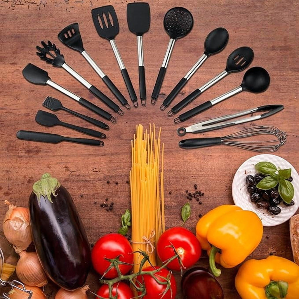 15 Pieces Silicone Kitchen Utensil Set with Holder | Non Slip Stainless Steel Cooking Tool |Spatulas, Spoon, Ladle, P... - Image 4