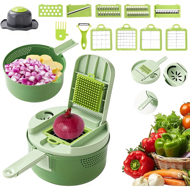 16-Function Vegetable Chopper with Container, Professional Multi-Functional Food Chopper, Slicer Dicer Grater for Oni...