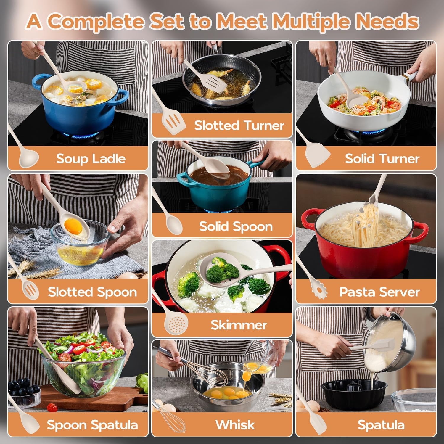 Silicone Cooking Utensils Set of 10, Kitchen Utensils for Nonstick Cookware, Heat Resistant & Nontoxic Spatula Set - Khaki. - Image 3