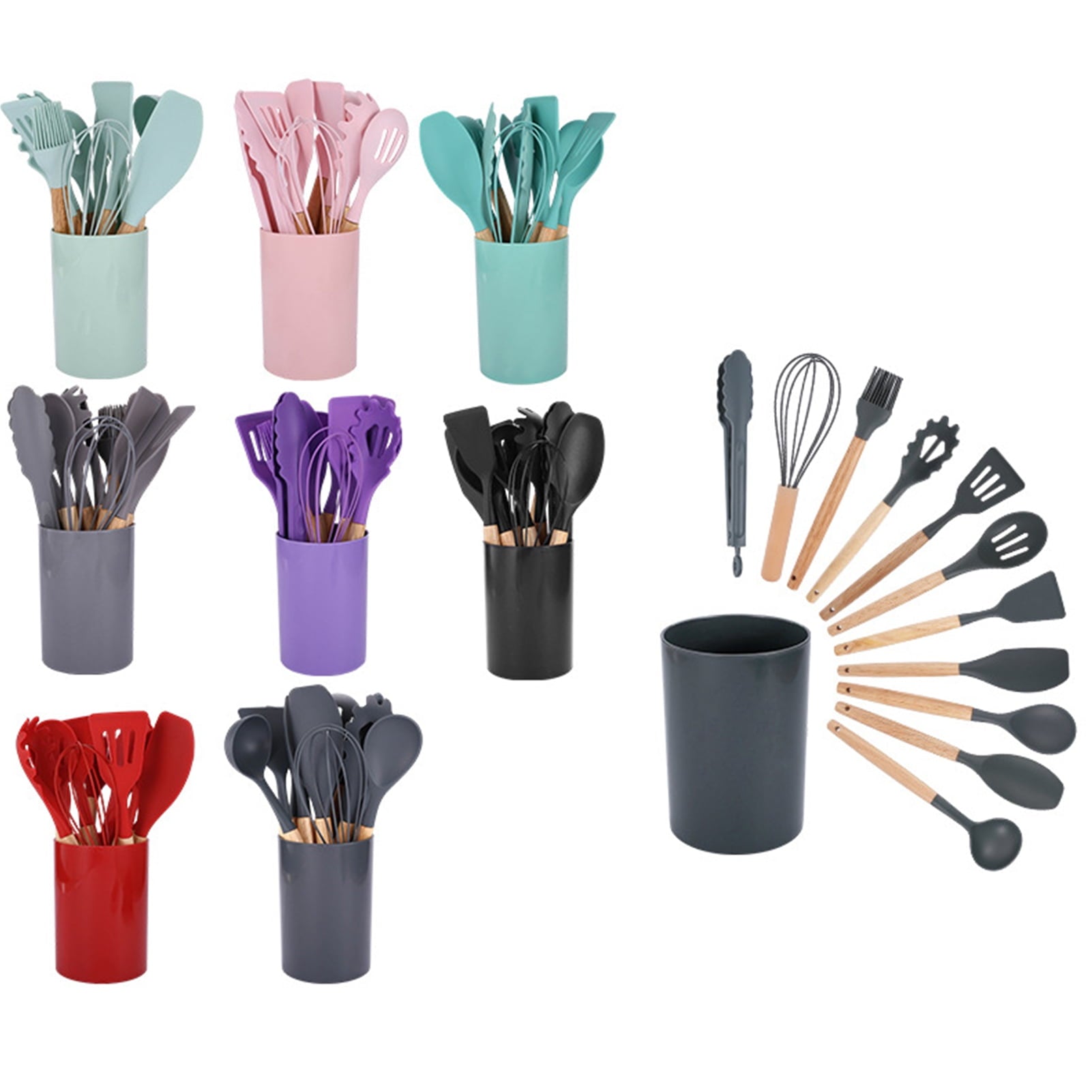 Silicone Kitchen Utensils Set with Wooden Handle Heat-Resistant Cooking Tools Non-Stick Safe Kitchenware Set for Home... - Image 2