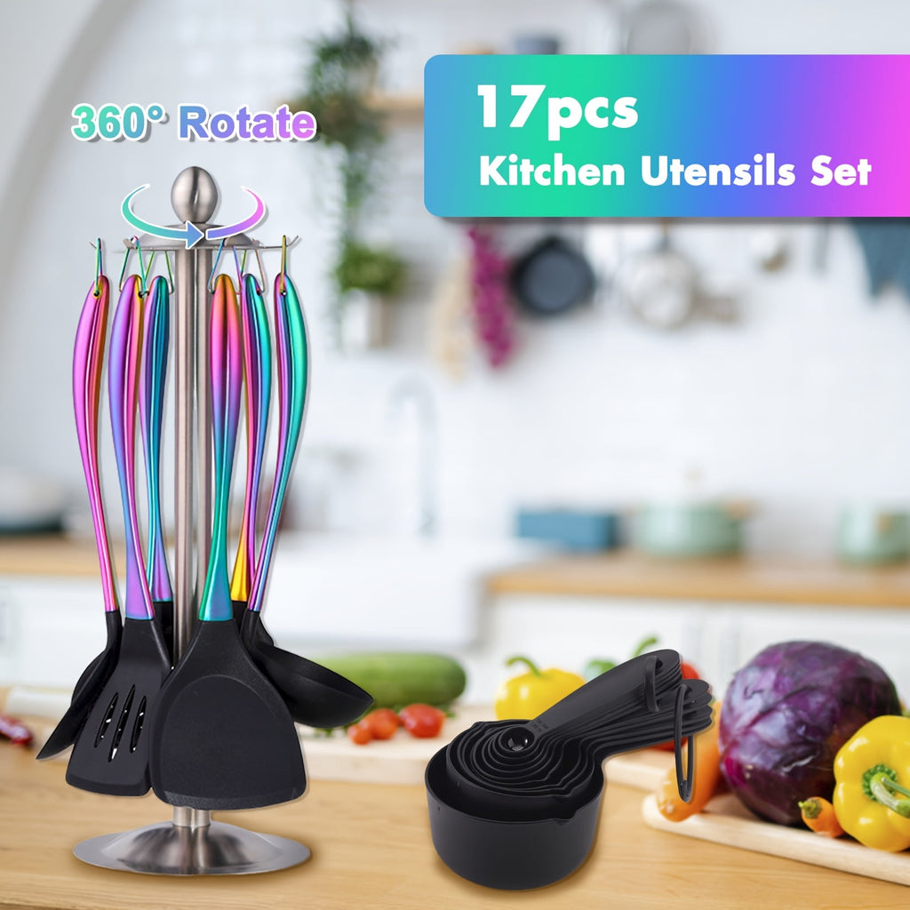 17-Piece Titanium Rainbow Silicone Kitchen Utensils Set with Holder, Heat-Resistant Non-Stick Tools with Stainless St...