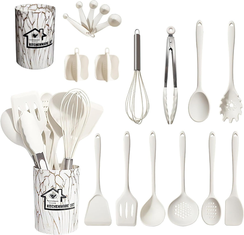 18PCS Silicone Cooking Utensils Set - 446°F Heat Resistant Kitchen Utensils,Turner Tongs,Spatula,Spoon,Brush,Whisk,Kitchen Utensil Gadgets T