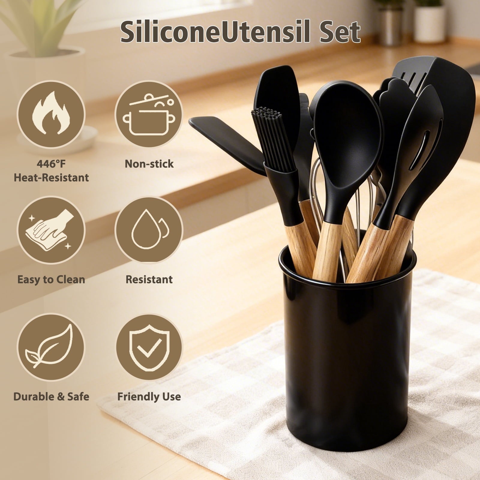 Silicone Cooking Utensils Set, Heat Resistant Kitchen Cooking Utensils Set, 12 PCS Handle Silicone Kitchen Gadgets Utensil Set, Black - Image 2