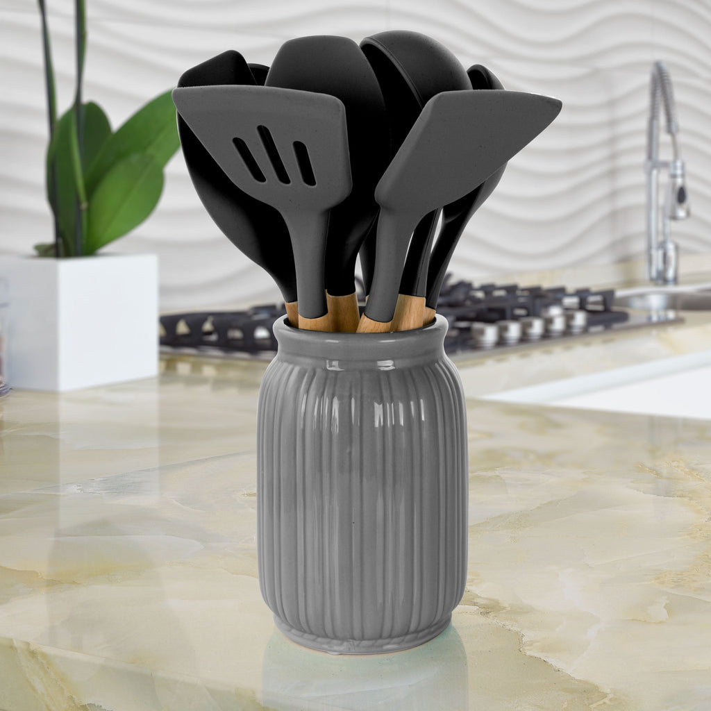 Gray 9 Piece Silicone and Wood Cooking Utensils - Image 3