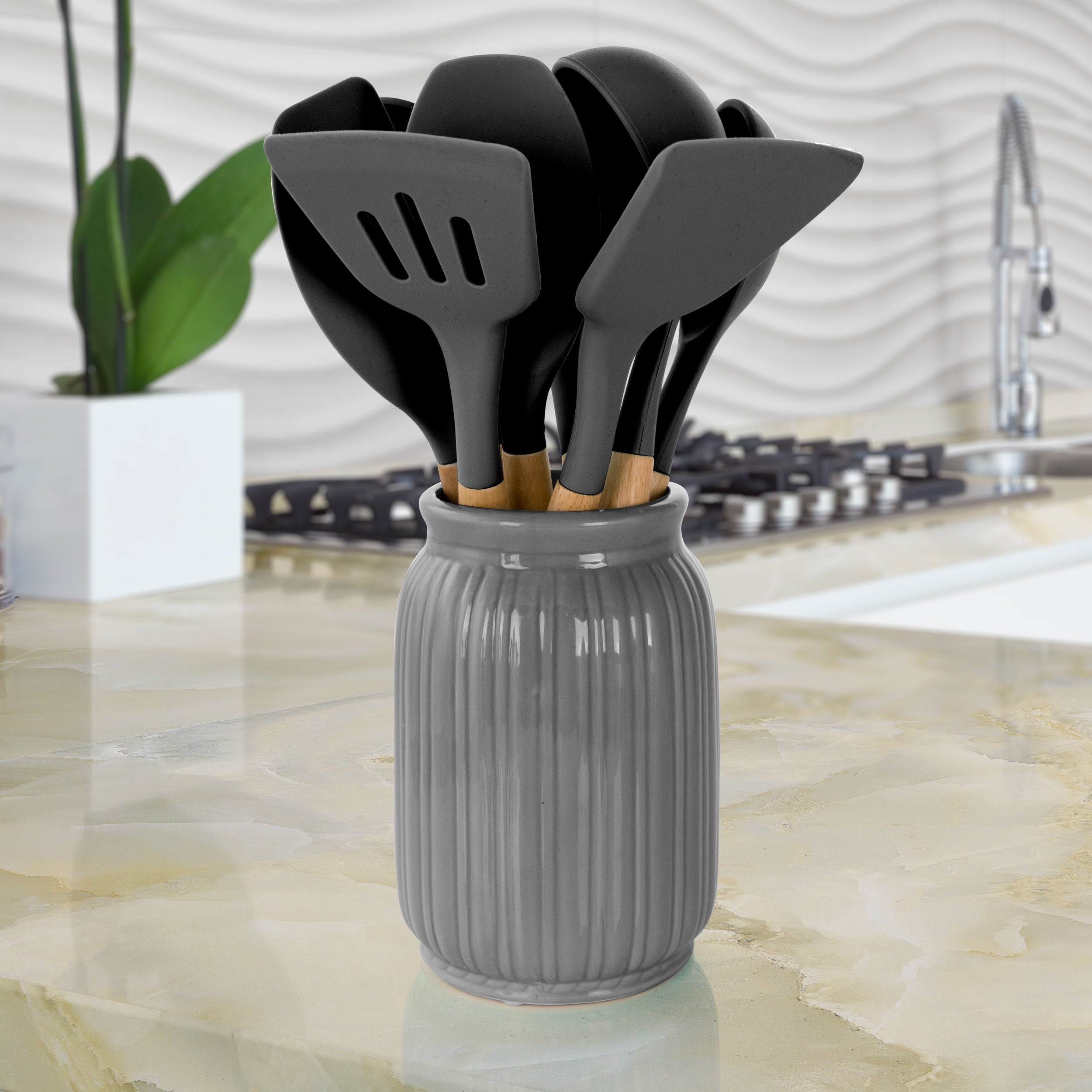 Gray 9 Piece Silicone and Wood Cooking Utensils - Image 3