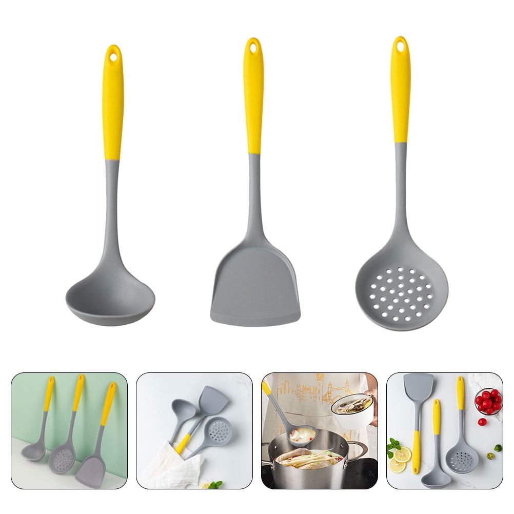 Raindrops Wok Utensils 1 Set Stainless Steel Handle Silicone Cooking Utensils for Kitchen Tools Yellow Grey 33x10cm - Image 4