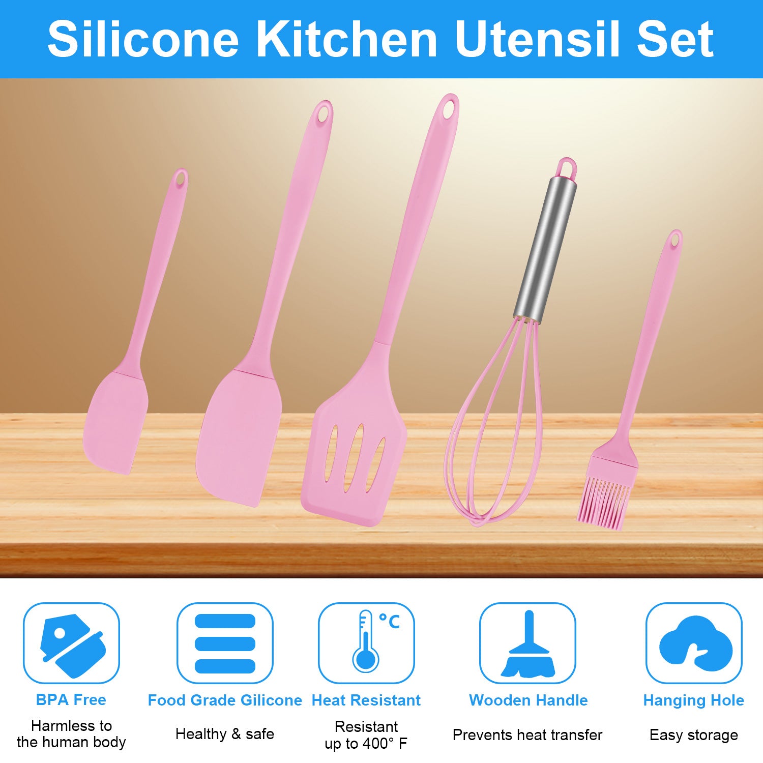 Silicone Cooking Utensils Sets, 5-Piece Kitchen Utensil Set 600F Heat Resistant Non-stick Rubber Cookware Kitchen Sil... - Image 2