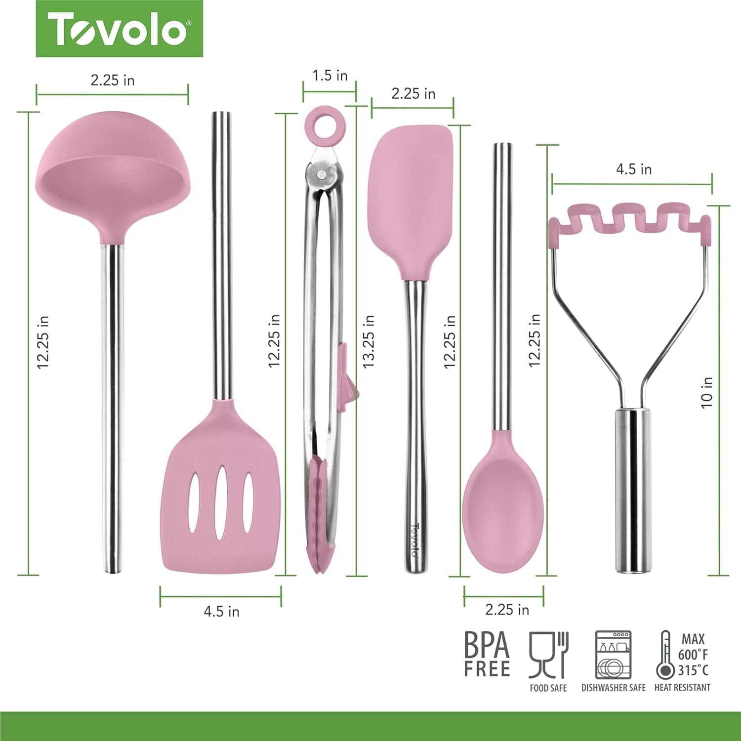 Tovolo Silicone Cooking Utensil Set of 6 Pink Sorbet Ladle Slotted Turner Tongs Flex Core Spatula Scraper Mixing Spoon and Potato Masher, Di - Image 2