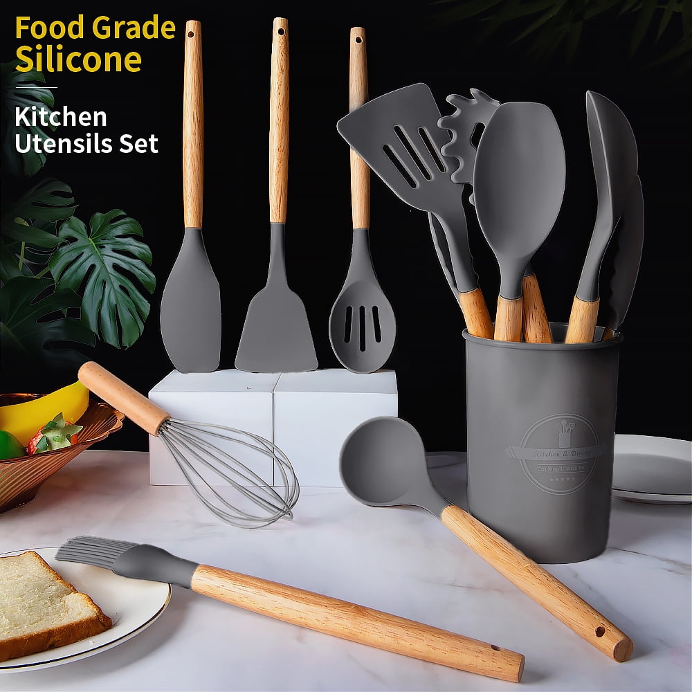 YooYuuk Silicone Wooden Heat Resistant Kitchen Utensil Set, 12 pcs - Image 5