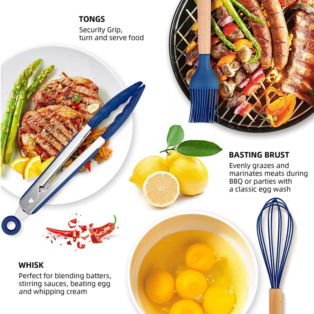 12 Pcs Silicone Cooking Utensils,Wooden Kitchen Utensil Set, Kitchen Household Products,Dark blue - Image 3